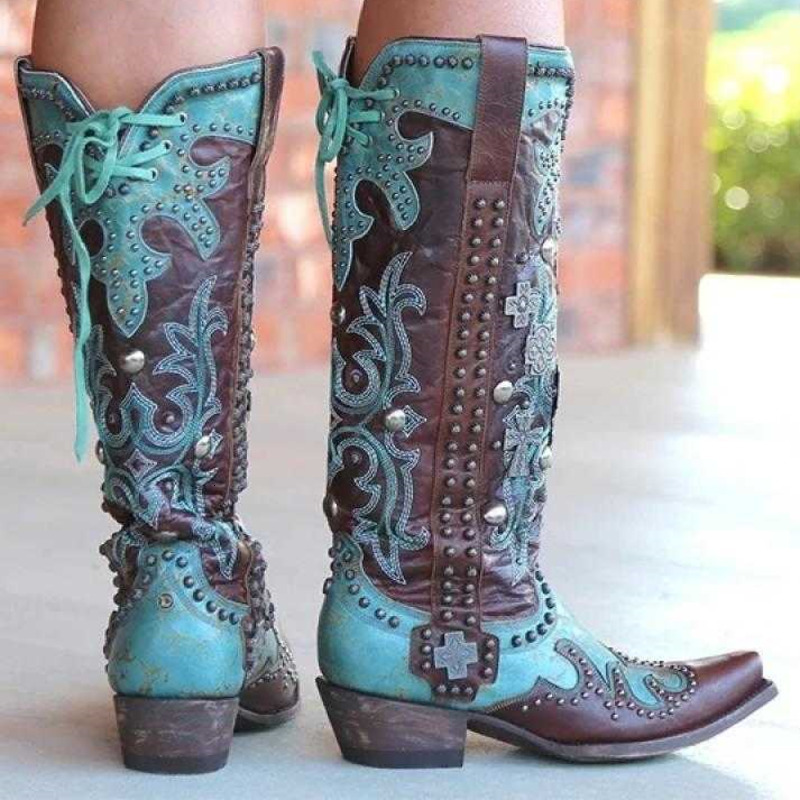 Women Sewing Patchwork Slip-On Mixed Color Flower Print Western Women's Shoes Rome Buckle Party Retro Ladies Boot