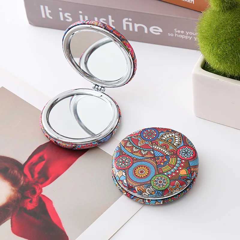 1 Piece Bohemian Style Makeup Mirror Portable Pu Double-Sided Folding Circular Retro Pocket Makeup Mirror Y240819