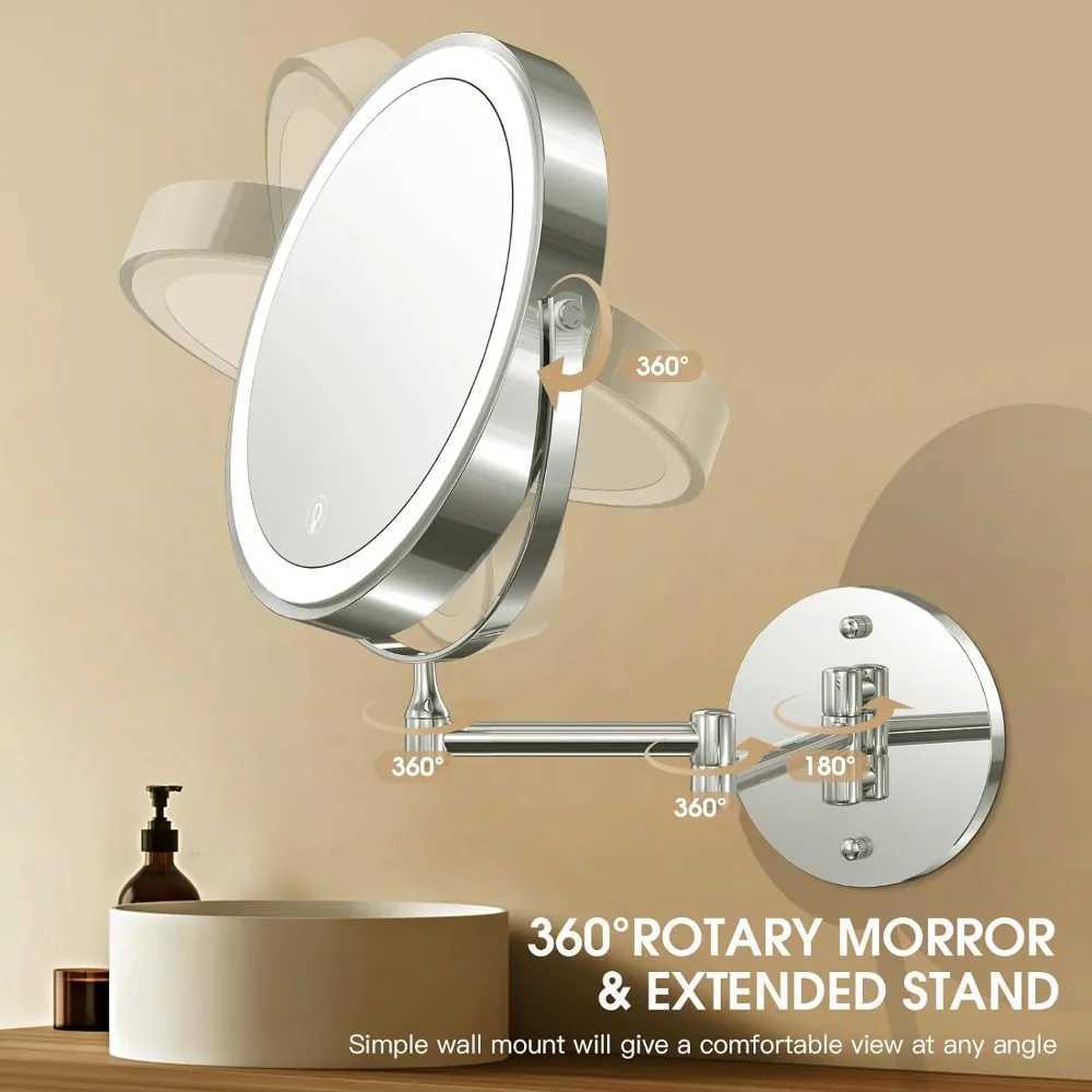 Wall Mounted Lighted Makeup Mirror 8 Rechargeable Double-Sided Magnifying Mirror 1x/10x 3 Colors Led Touch Dimmable Y240819