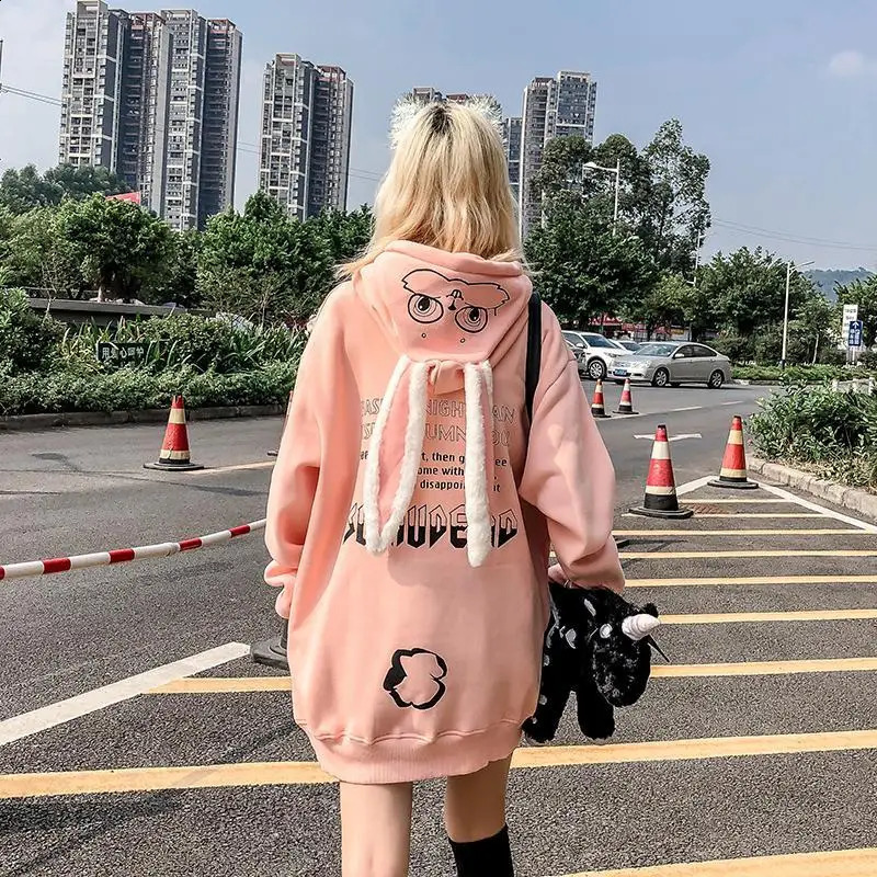 Couples sweatshirt mens wool Sudaderas Y2k long sleeved oversized zipper rabbit ear mask top womens Kawaii hip-hop street 240820