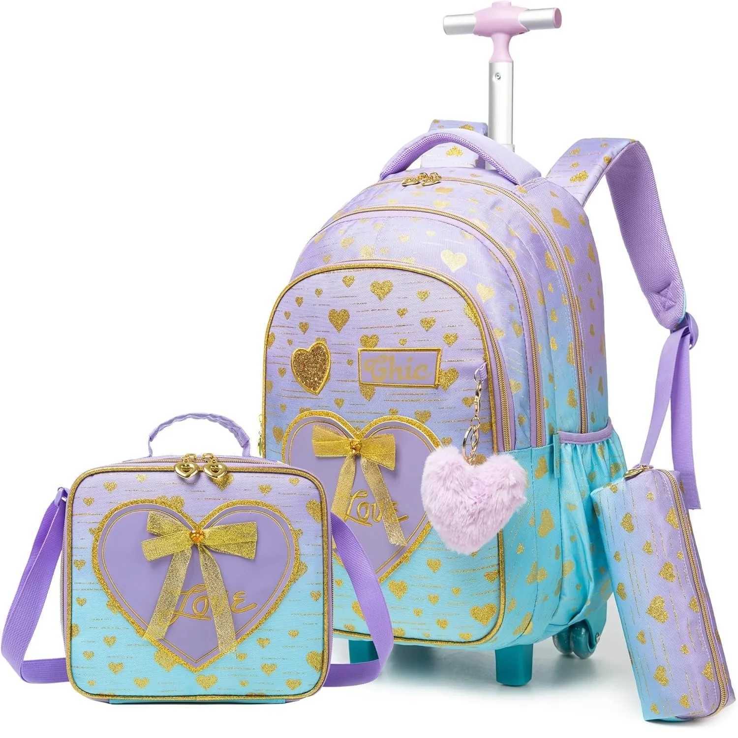 18Inch Trolley School Bags for Girls Children Travel Rolling Backpack School Trolley Bag Set with Lunch Bag Kids Wheeled Bookbag Y240820