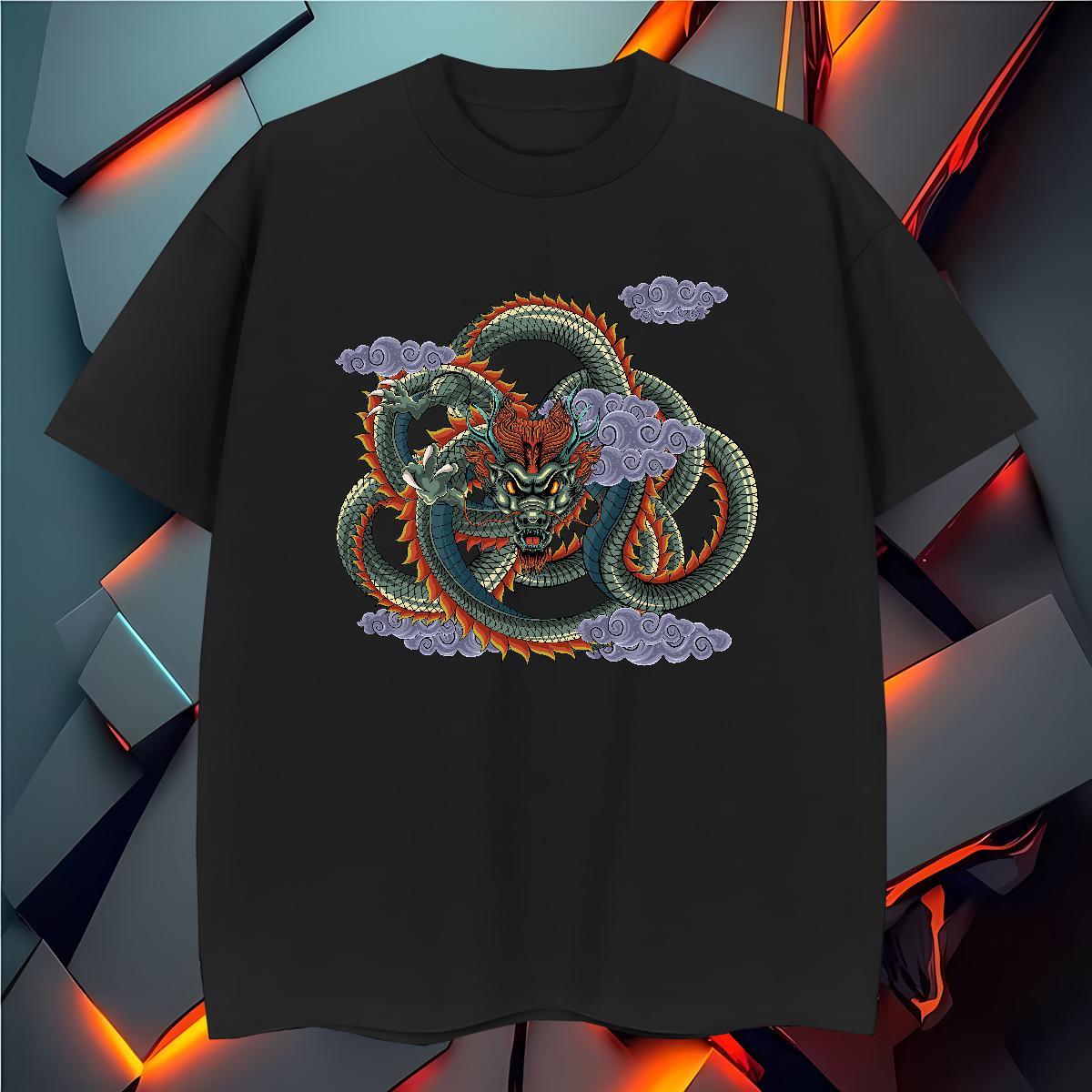 Men T Shirts 230g Pure Cotton dragon Spring Summer Crew Neck Breathable Black Oversized Tshirt for Man Woman Classic Loose Clothings