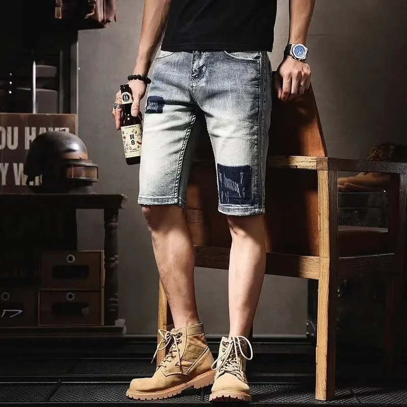 Open collar mens denim shorts slim fit summer blue wholesale Korean fashion coarse cut Y2k 240819