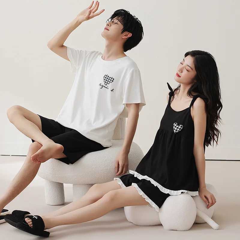Summer sleepwear mens knitted cotton sleepwear set Korean sweet sleepwear womens sexy sleepwear family clothingW240719