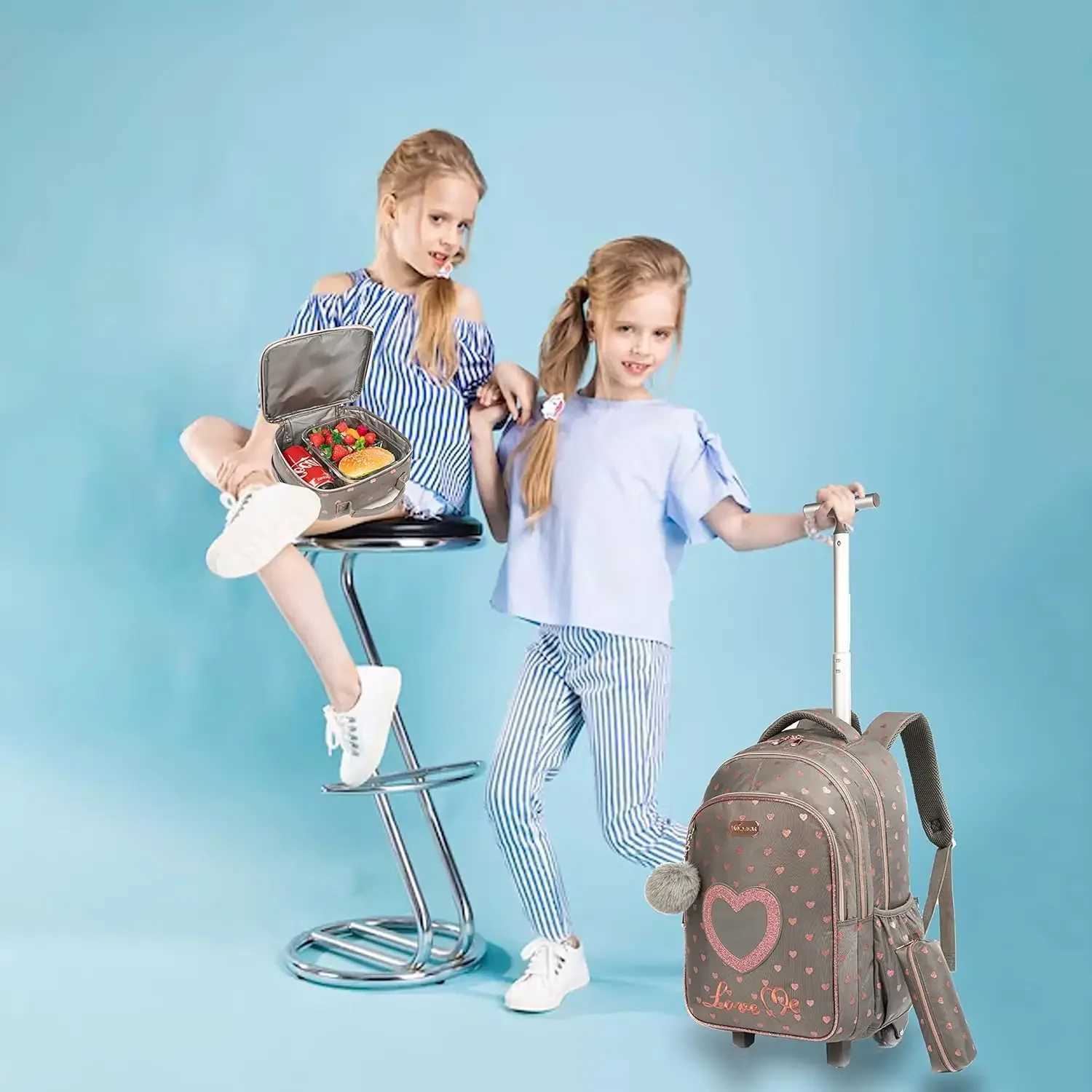 Childrens Wheeled Backpack Bag Set with Lunch Box School Rolling Backpack Bag with Wheels School Trolley Backpack Bag for Girls Y240820