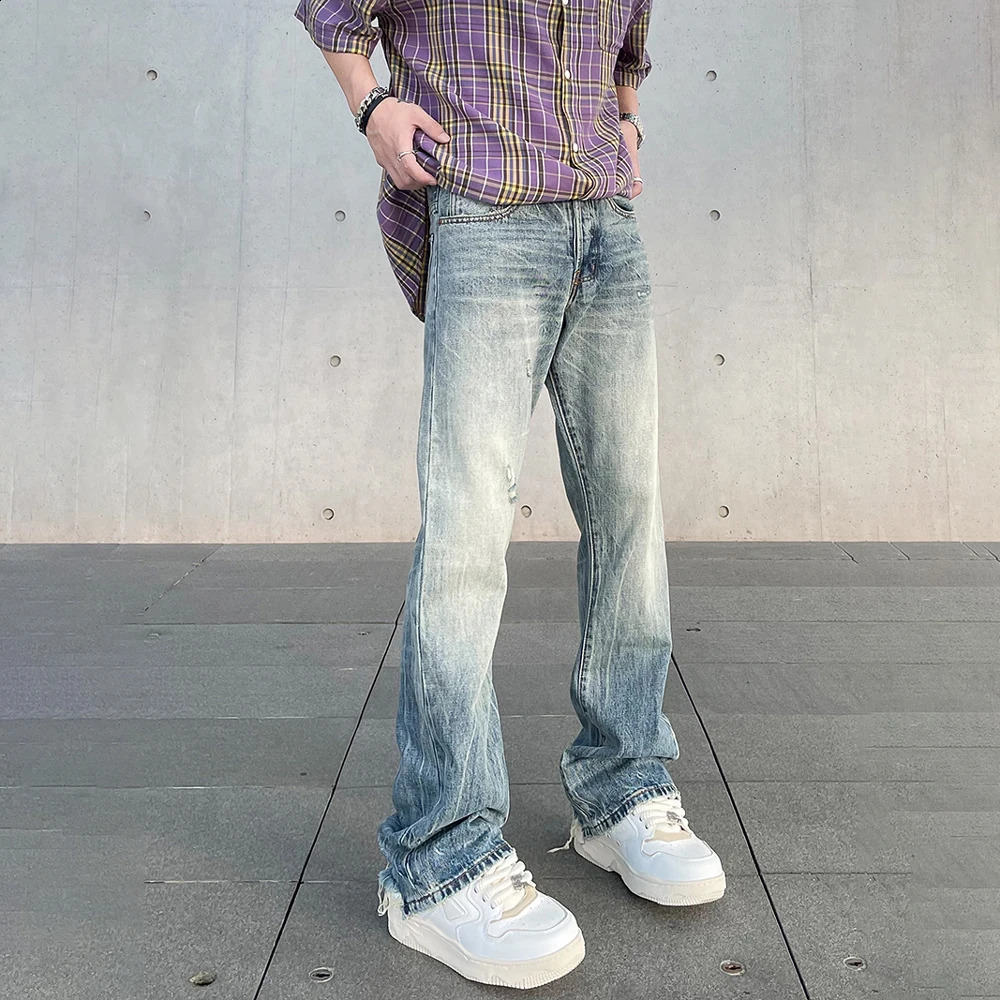 Jeans for Men Y2k High Street Original Vintage Flared Trousers Summer Fit Streetwear Casual Autumn Blue Fashion Slim Denim Pants 240819