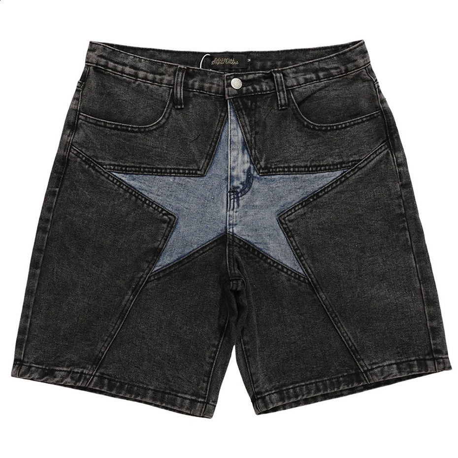 Streetwear Harajuku denim shorts mens patch workwear oversized hiphop blue jeans summer casual loose 240819