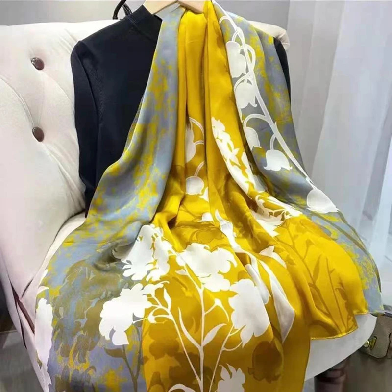 Elegant long headband with yellow floral silk scarf womens shawl wrapped in basic headscarf Bufanda womens beach stone scarf 240805