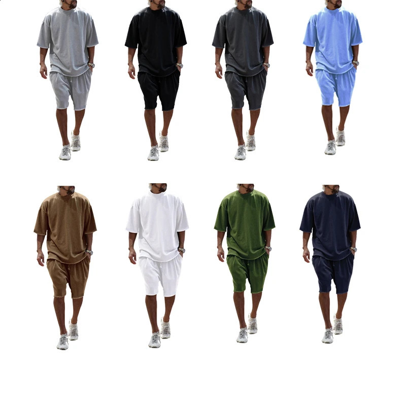 Mens Tracksuit Casual Cotton Shortsleeved TShirt Shorts 2piece Suit 2024 Summer Sportswear Loose Clothing y240820