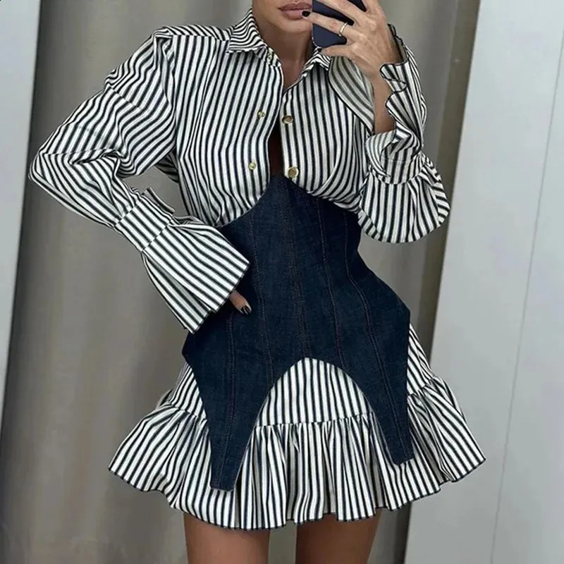 Spring Office Long Sleeved Mini Dresses Elegant Striped Button Slim Shirt Dress Womens Casual Lapel Pleated Patchwork Dress 240813