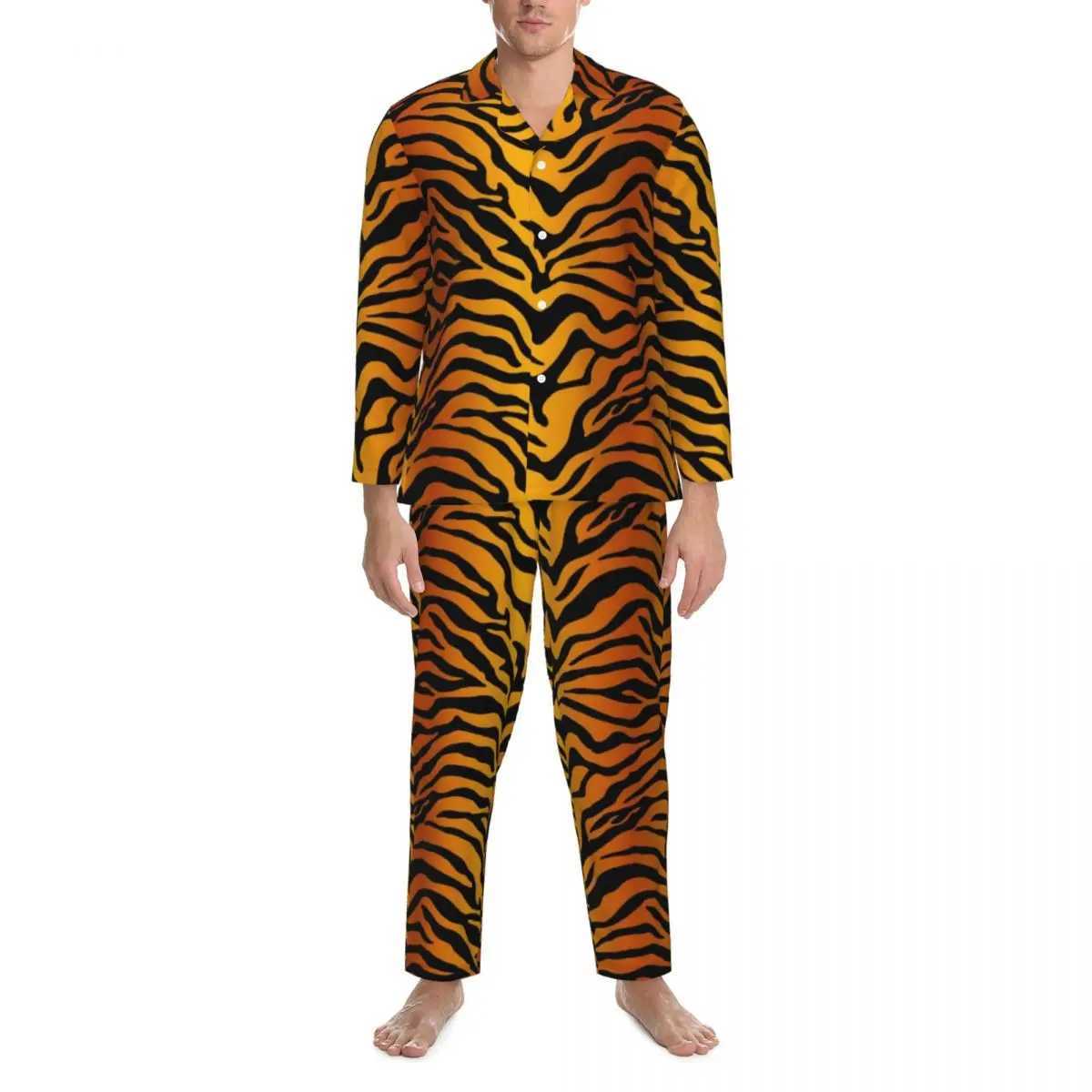 Tiger Stripes Yellow Pajama Set with Animal Print Romantic Pajama Mens Long Sleeve Retro Night 2-piece Pajama Large SizeW240719