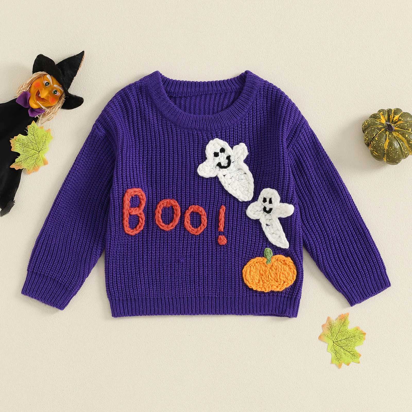 FOCUSNORM 0-3Y Baby Boys and Girls Halloween Sweater Letter Pumpkin Embroidery Staff Neck Long Sleeve Floral Top W240820