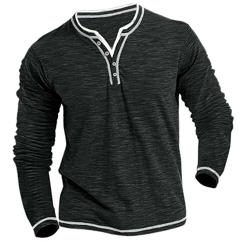 Mens Plain Henley Shirt Round Neck T-shirt Summer Comfortable Cotton Fashion Long Sleeve Casual Street Wear Sports Top BasicXJ240819