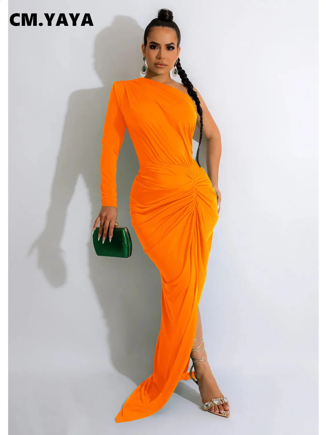 CM.YAYA Sexi Night Dress for Women One Long Sleeve Ruched High Side Split Maxi Long Asymmetical Vestidos De Verano Mujer 240819