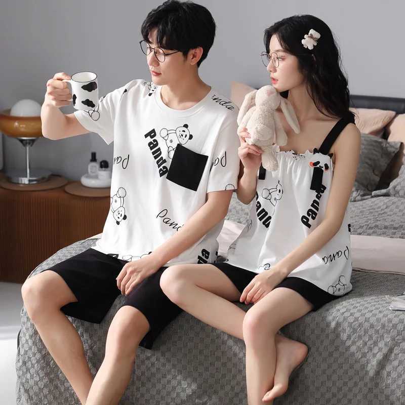 Summer sleepwear mens knitted cotton sleepwear set Korean sweet sleepwear womens sexy sleepwear family clothingW240719