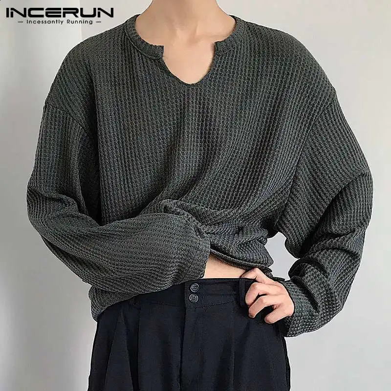 INCERUN Mens T Shirt Solid Color V Neck Long Sleeve Streetwear Korean Tee Tops Loose Fashion Casual Men Clothging S-5XL 240820