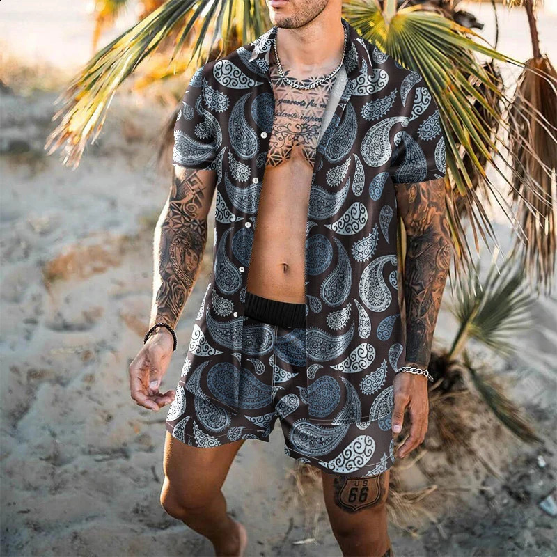 Hawaiian Men Cardigan 2Pcs Sets Summer 3D Print Short Sleeve Button Shirt Beach Shorts Holiday Mens Daily Two Piece Suit i240819