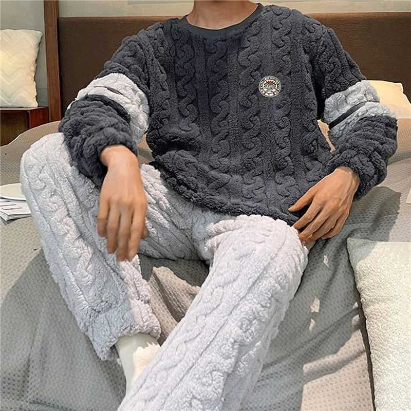 Winter mens thick double-sided flannel pajamas cartoon casual pajamas set soft coral fleece pajamasW240719