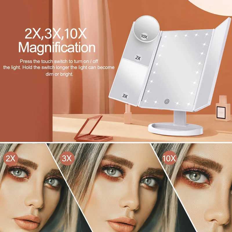 Amplifying triple stack makeup mirror three color intelligent touch light standing desk Led makeup mirror Y240819