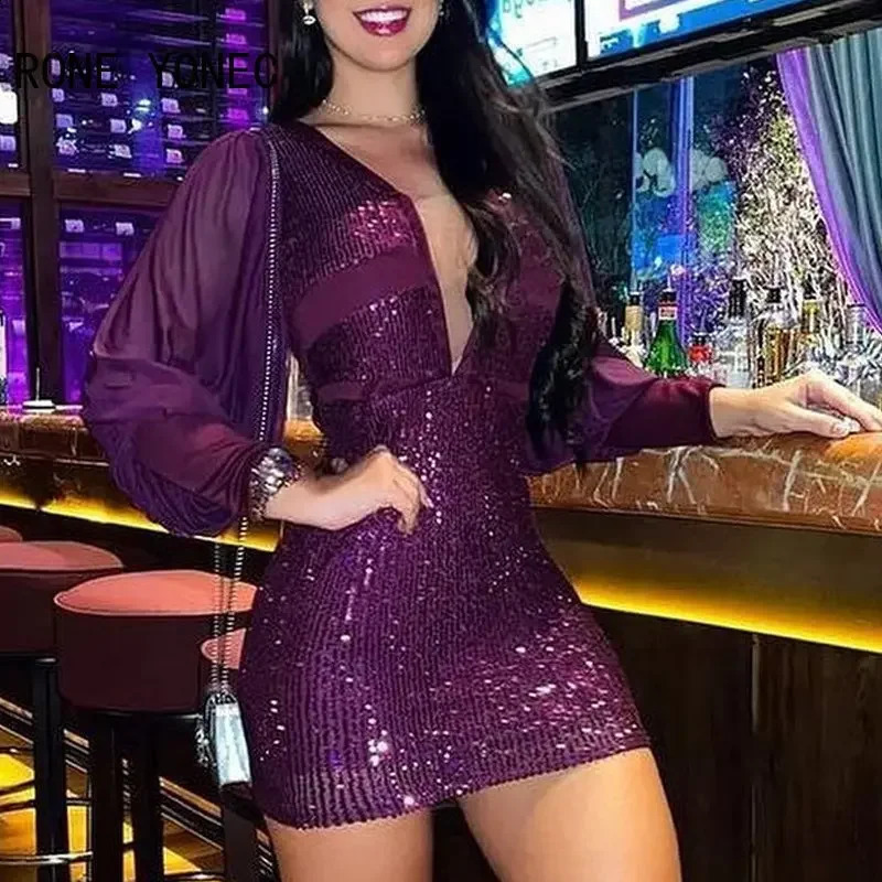 Women Chic Solid Sequins Sexy Deep V Neck Long Lantern Sleeves Patchwork Mini Bodycon Party Dresses 240819