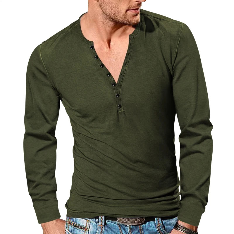 Mens Four Season Henley shirt Vintage Long Sleeve Tshirt Cross border Button VNeck Slim Solid Top 240820