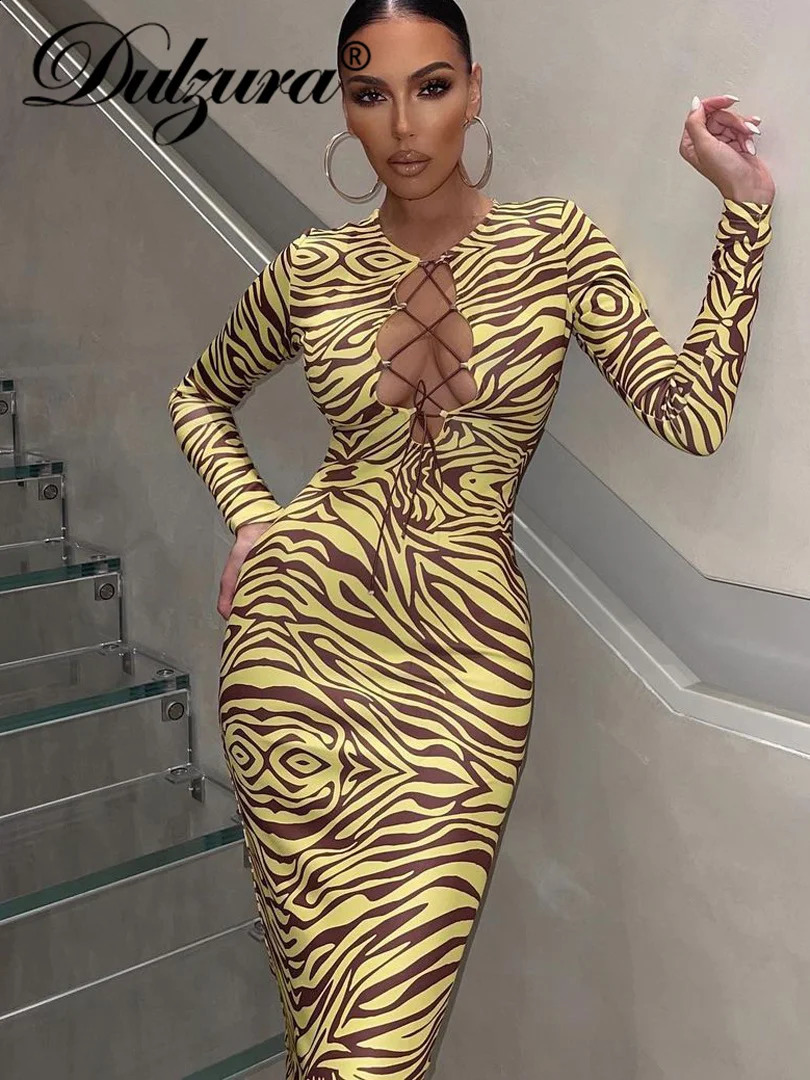 Dulzura Zebra Print Women Long Sleeve Lace Up Hollow Out Midi Dress Bodycon Sexy Streetwear Party Club Festival Clothes 240819