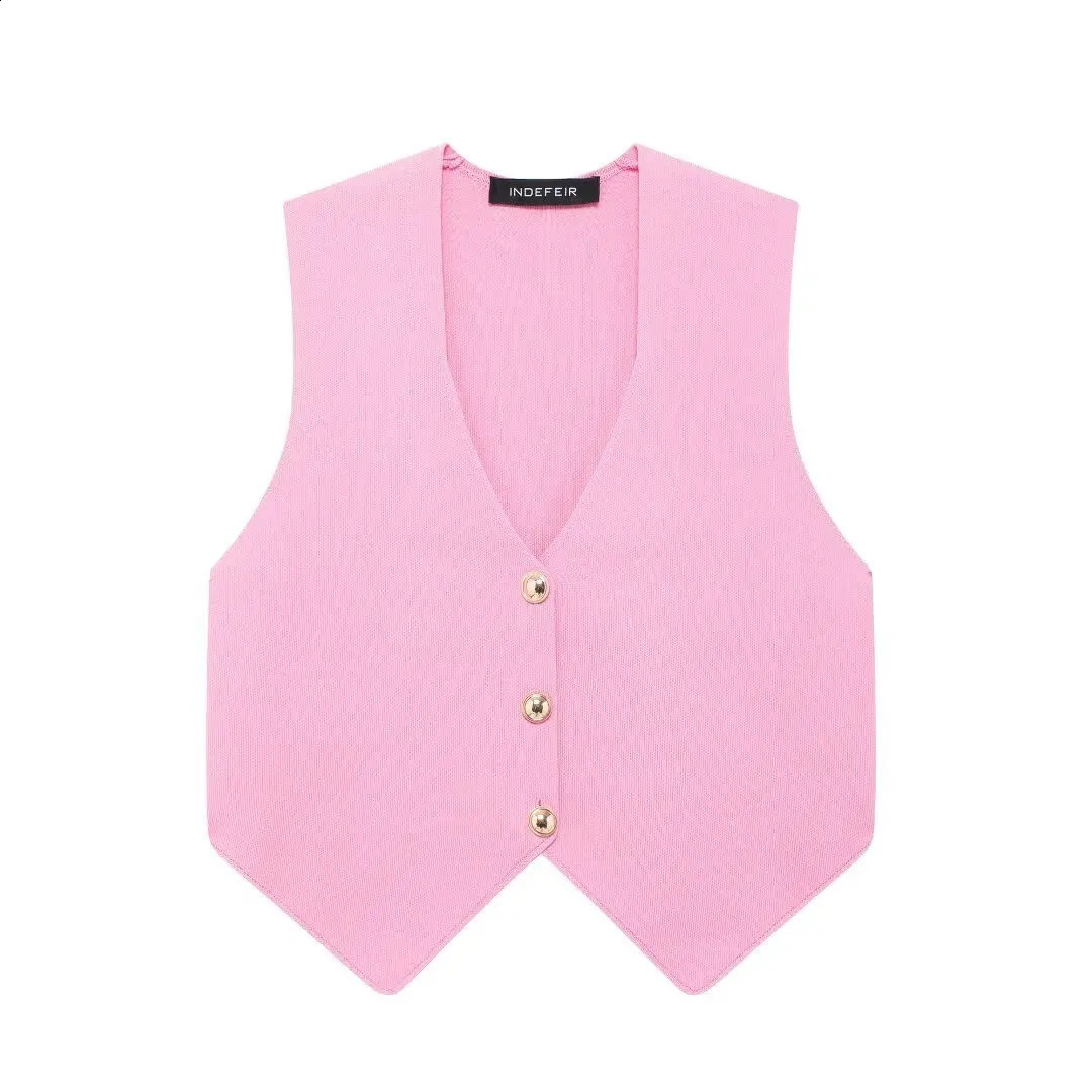 Womens pink knitted vest sleeveless top Vneck single chest three gold buttons summer trend w240819