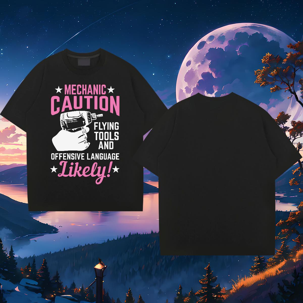 Brand mechanic caution 100% Cotton 230g Men Tees Spring Summer Breathable Short Sleeve Mens T Shirts 2024 DIY Printed Clothes