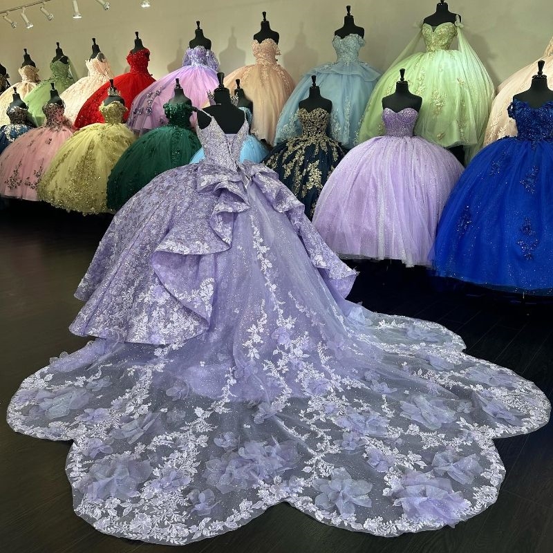 Lavender Sparkly Sexy Spaghetti Strap Quinceanera Dresses Ball Gown Applique Lace Sequin Bow Beads Sweet 16 Princess Dress Gala vestidos de 15