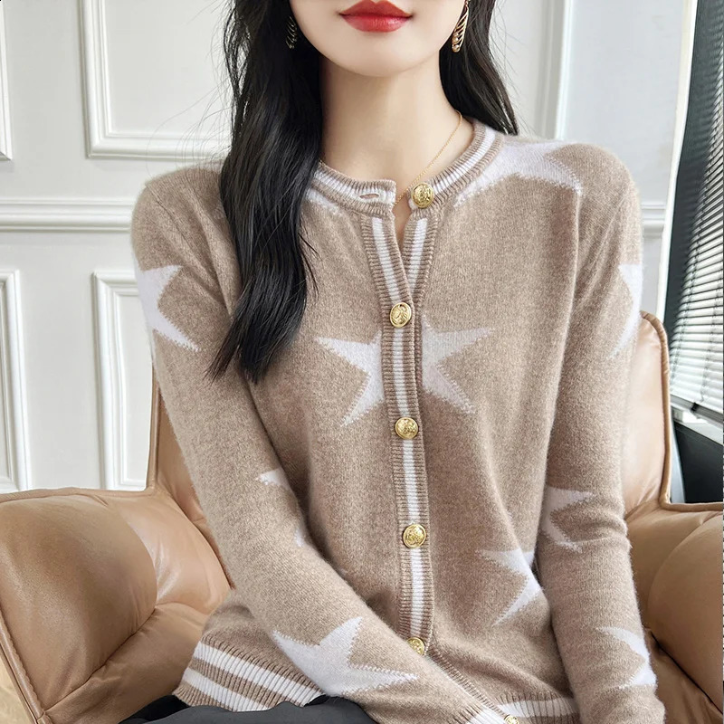 Autumn and Winter 100% Wool Womens Clothing Fashion Round Neck Knitted Open Collar Casual Loose Embroidered Top Long Sleeve Sweater 240819