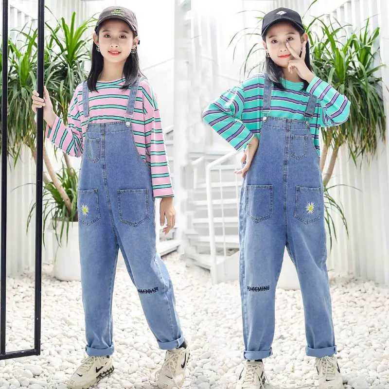Embroidered denim jeans jumpsuit girls childrens long pants girls game set one-piece for ages 4 5 6 7 8 9 10 11 and 12 W240806