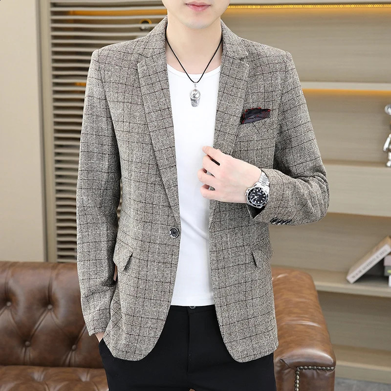 Mens Fashion Business Gentleman Jacket Korean Edition Trend Casual Plaid Wedding Celebration British Style Slimming Set 240819