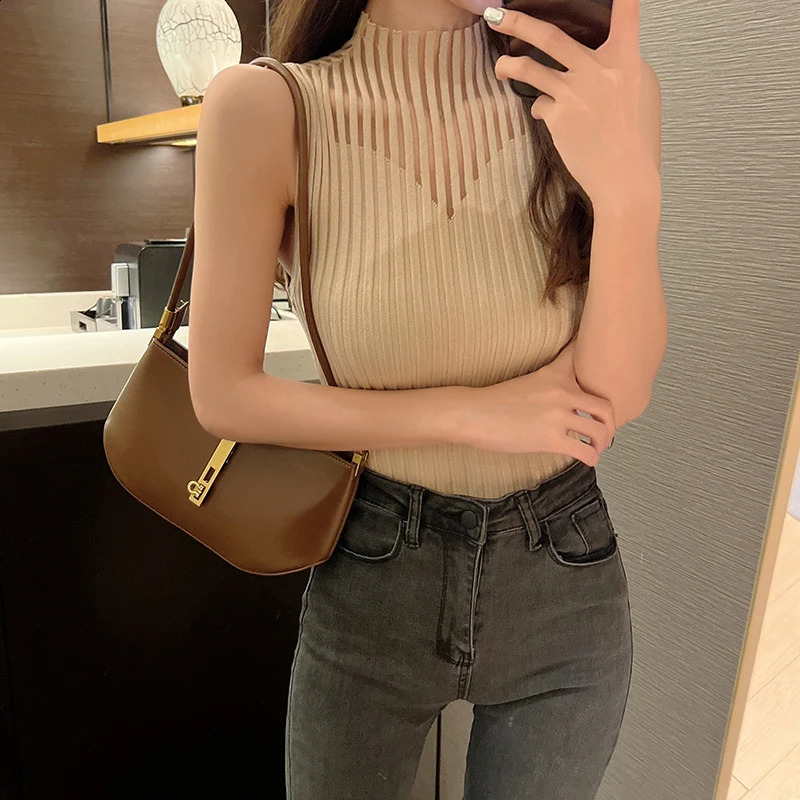 Womens Summer Fashion Half High Neck Hollow Splicing Gauze Elegant Slimming Sleeveless Knitted Top 240819