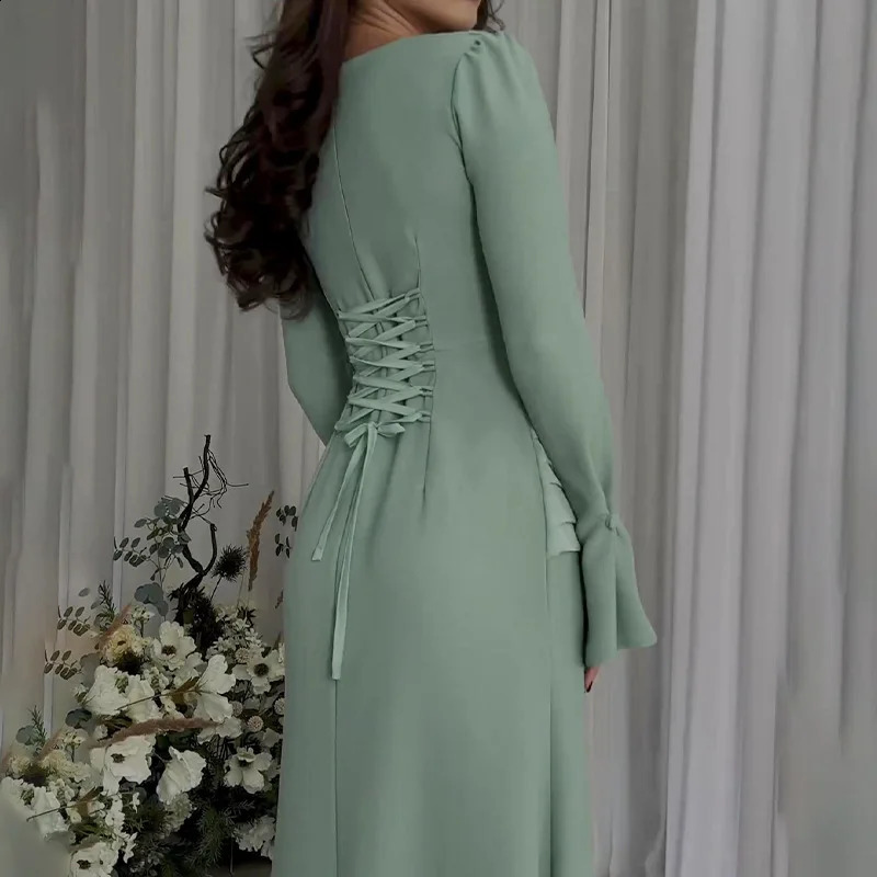 Irregular Long Sleeve Lacing Slim Long Dress Woman Clothes Elegant Backless High Waist Bodycon Holiday Party Dresses 240819