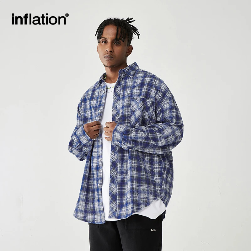 Inflatable brushed plaid mens blue long sleeved oversized plus size shirt 240819