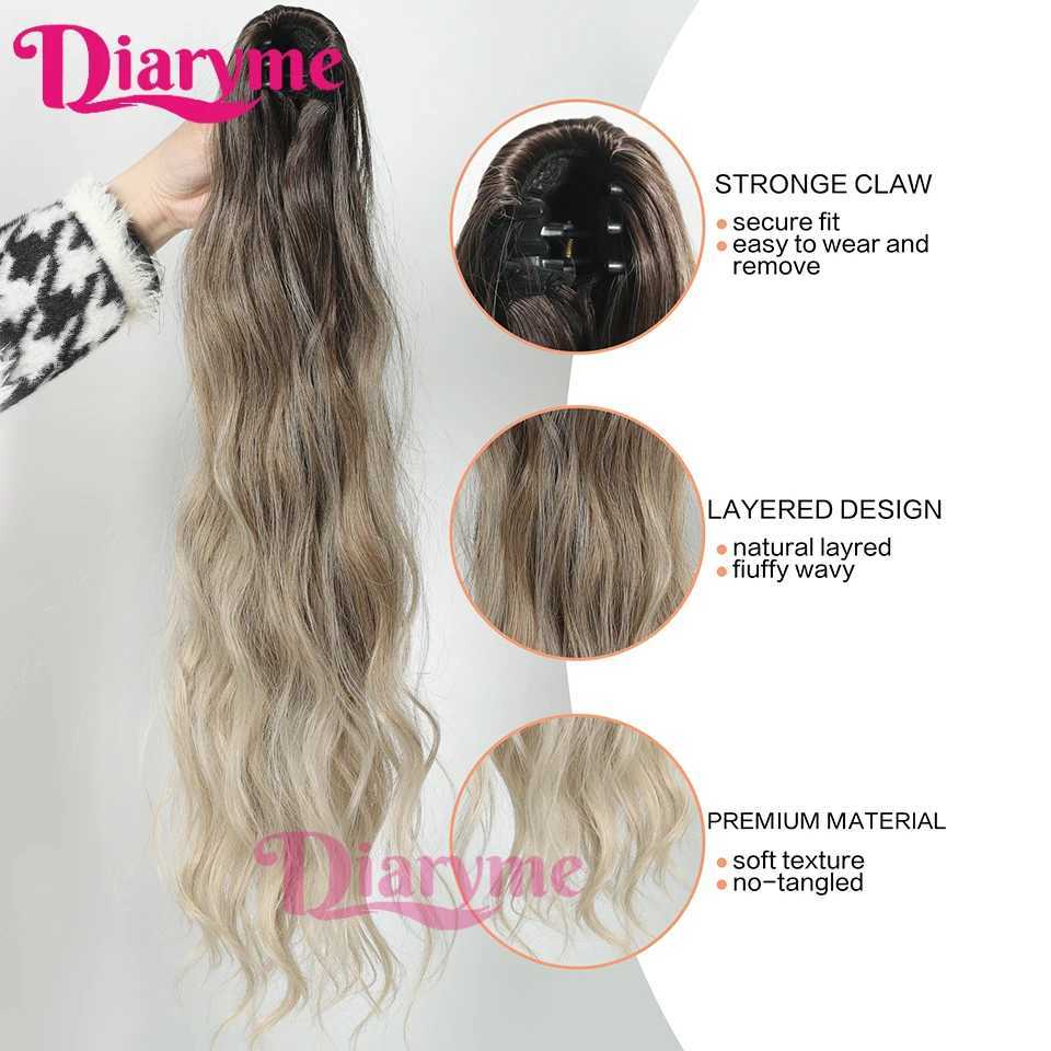 24 inch synthetic claw clip ponytail long natural wavy ponytail hair extension wig Umbre brown blonde ponytail fake W240817
