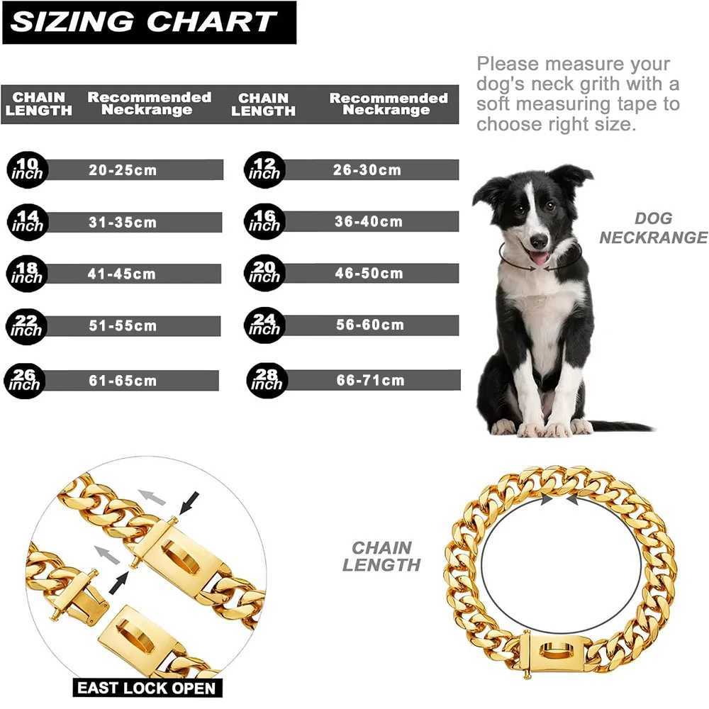 Gold Chain Dog Collar with Secure Snap Buckle 19MM Cuban Link Dog Collar Chew Resistant Heavy Duty Pit Bull Collar for Big Dogs M240820