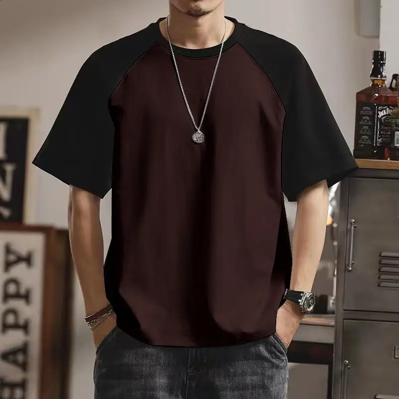 Summer Fashion Korean Mens Panel Round Neck Short Sleeve Tshirt Splicing Work Simple Casual Solid Raglan Top 240819