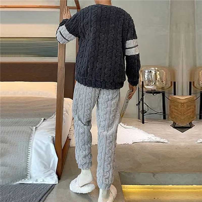 Winter mens thick double-sided flannel pajamas cartoon casual pajamas set soft coral fleece pajamasW240719