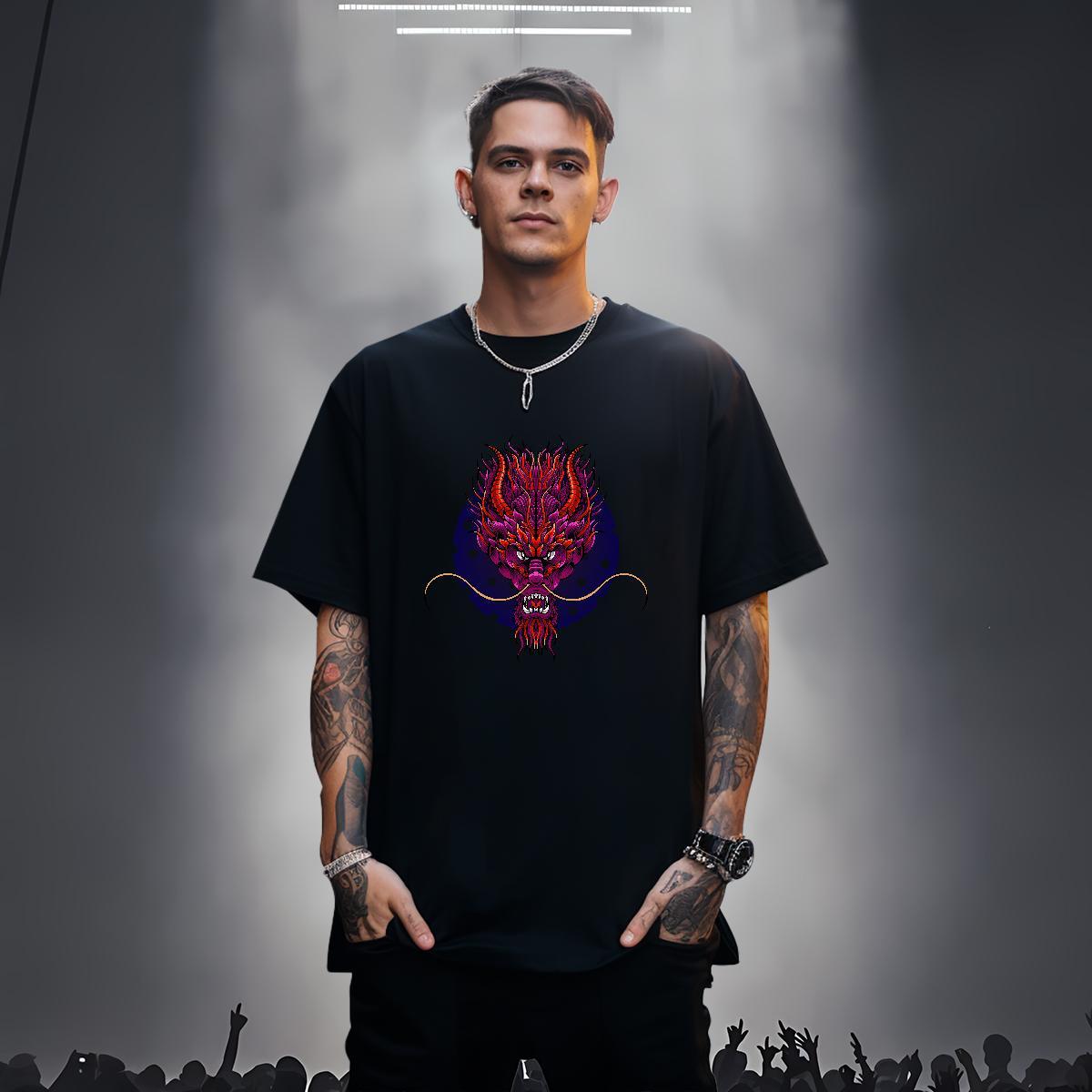 T Shirt For Man 230g Cotton dragon Sport Breathable Soft Plus Size Cartoon Men Clothes T-Shirt 2024 New Loose Fit Wear