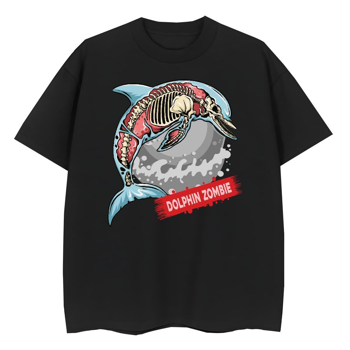 DIY Men Clothes T-Shirt dolphin Spring Summer 230g Cotton Tops Shirt Breathable Crew Neck Loose T Shirt For Man Black Oversized