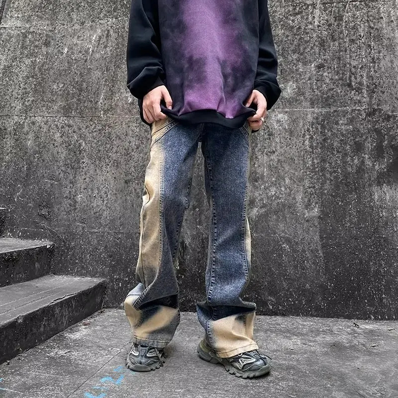 Ropa Y2K Streetwear Tie Dye Rock Baggy Flare Jeans Pants For Men Clothes Straight Old Denim Trousers Pantalones Hombre 240819