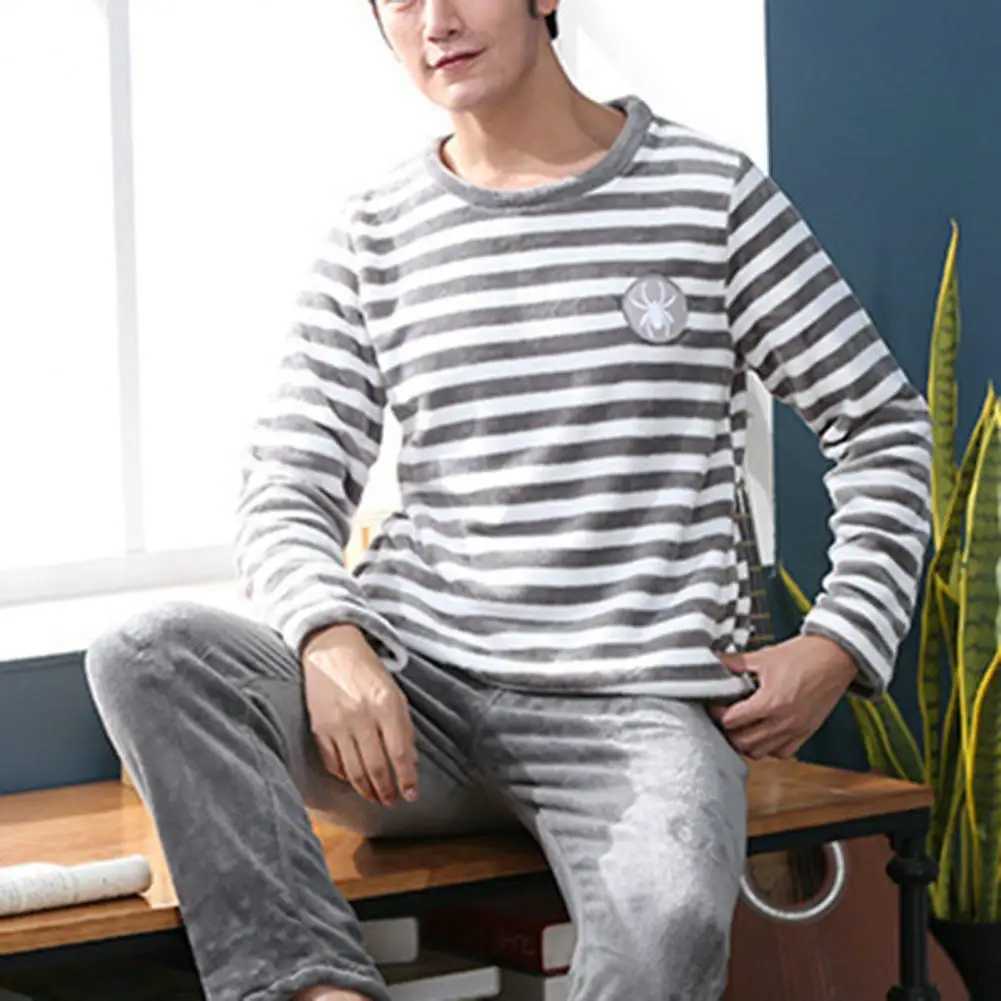Autumn and Winter Pajama Set Striped O-neck Long Sleeve Warm Elastic Waist Thick Coral Velvet Mens PajamaW240719