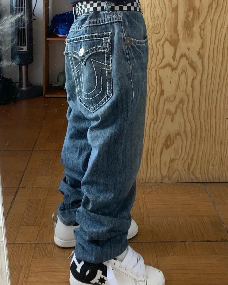 Y2K Fashion Embroidered Solid Color Jeans Men Street Harajuku Hip Hop Gothic Casual Jeans Couple High Waist Wide Leg Pants 240824