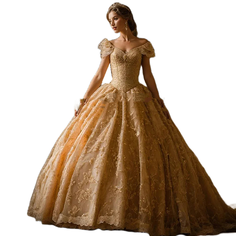 Vintage Gold Lace Princess Wedding Dress 2024 Short Sleeves V-Neck Corset Off The Shoulder Bridal Gown Court Train Elegant Vestido De Novia