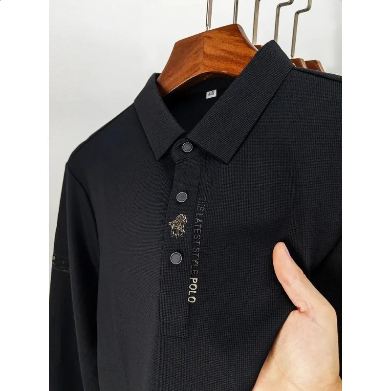 High Quality Autumn Business Solid Color Long Sleeve Polo Shirt Lapel Collar Men High-End Fashion Casual No Trace Printing 240820