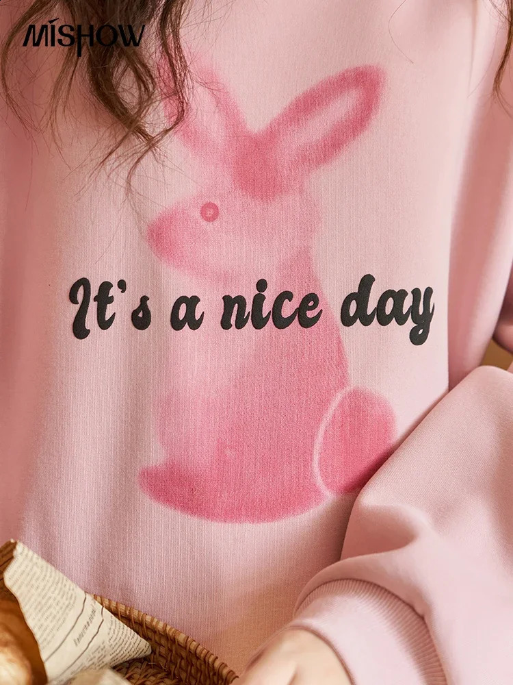 MISHOW Pink Rabbit Printed Womens Oversized Sports Shirt Autumn Winter Fashion Casual Loose ONeck Thick Top MXC53V0072 240819