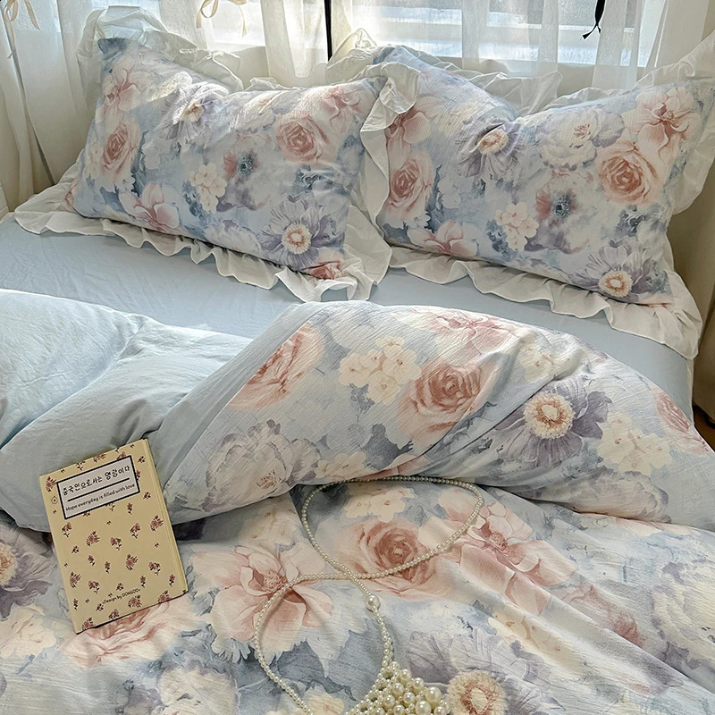 French Romantic Style Bedding Set Princess Skin Friendly And Comfortable Quilt Cover Lace Washed Cotton Printed Duvet Cover Set 240819