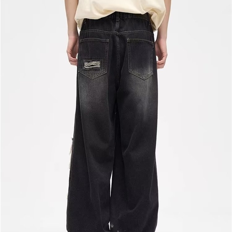 Y2K Man Jeans Korean retro hole repair jeans mens American style high street loose straight wide leg mopping trousers 240819