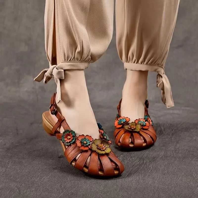 Retro Women Rome Sandals 2024 Summer Flower Buckle Design Soft Leather Platform Sandal Casual Fashion Mom Shoes Sandalias Mujer CL240806